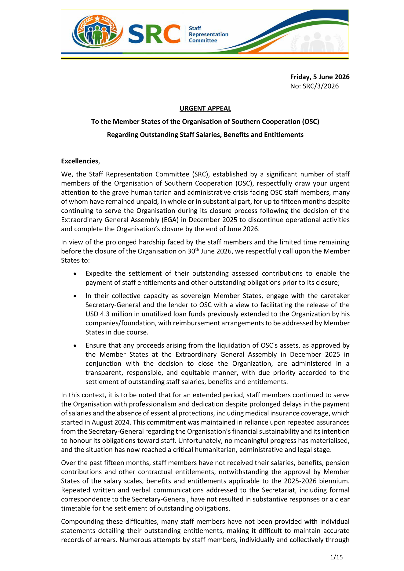Urgent Appeal to Member States – 5 June 2026